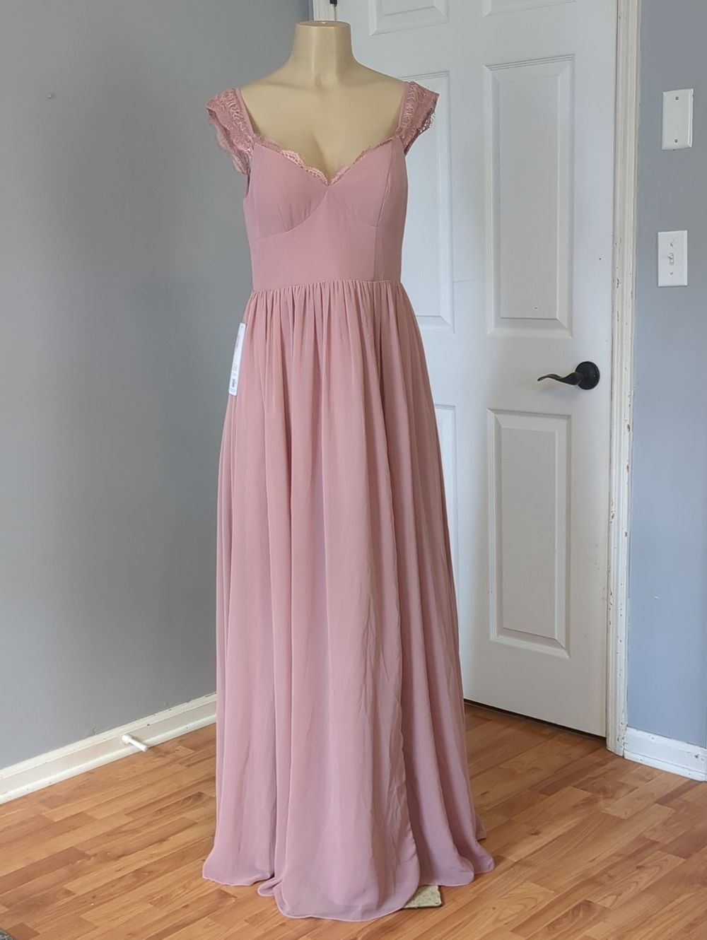 NWT-Azazie Cleobella Dusty Rose Lace Chiffon Maxi Bridesmaid Dress Size A8